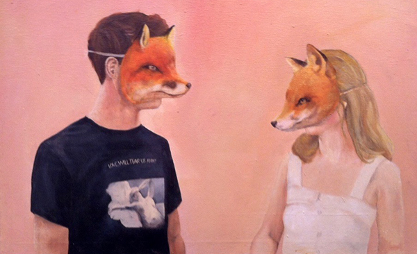 two people in fox masks facing each other drawing