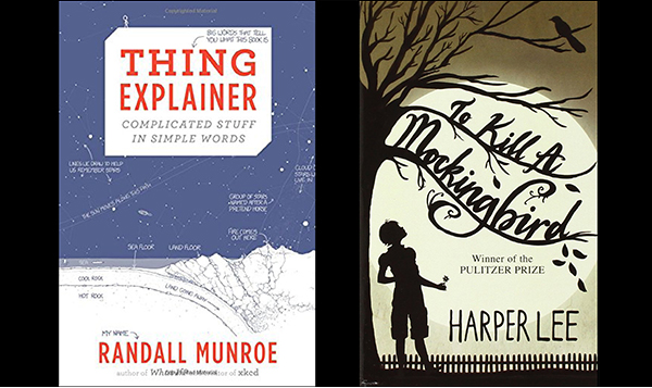 composite image of two book covers: 'Thing Explainer' and 'To Kill A Mockingbird'