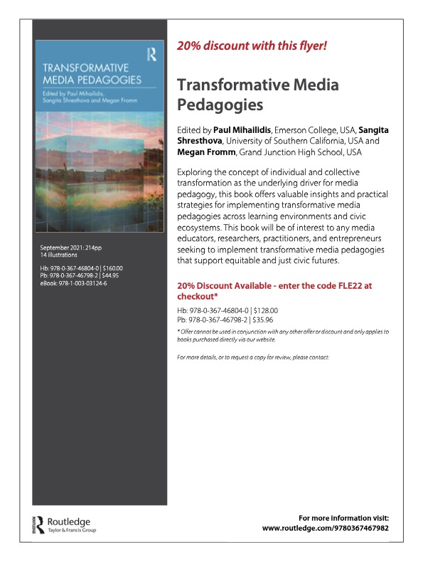 Flyer advertising 20% discount on Transformative Media Pedagogies from Routlege using code FLE22