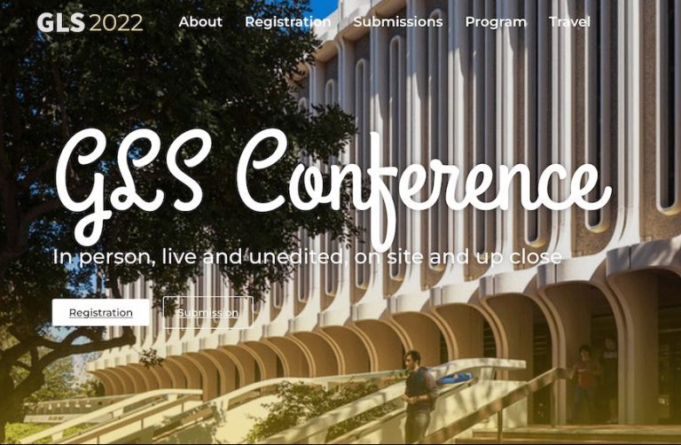 The words 'GLS conference' in white script text appear over an image of a large building with columns