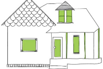 house drawing with green door and windows