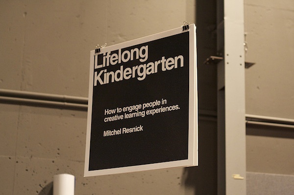 lifelong kindergarten sign hanging from ceiling quote by Michel Resnick