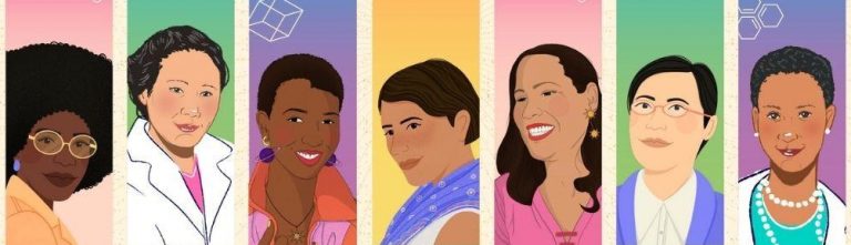 A row of illustrated POC educators and scientists against a brightly colored background