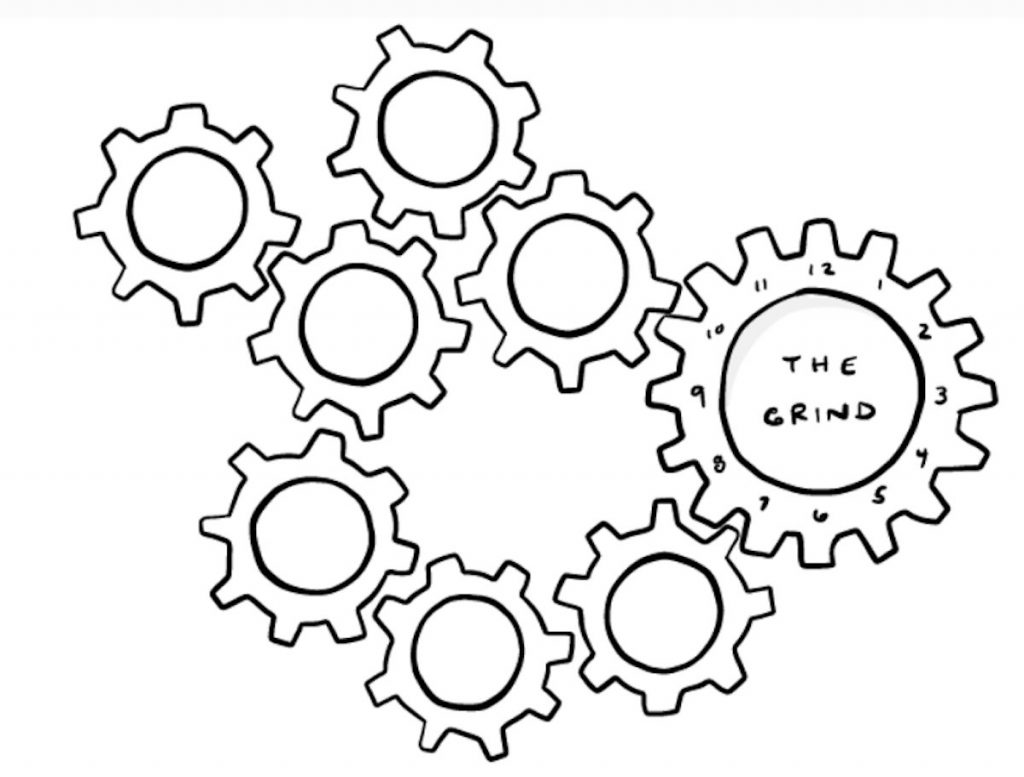 Eight gears, drawn in black ink outlines, sit on a white background. One gear is larger than the rest and says "THE GRIND" in the middle