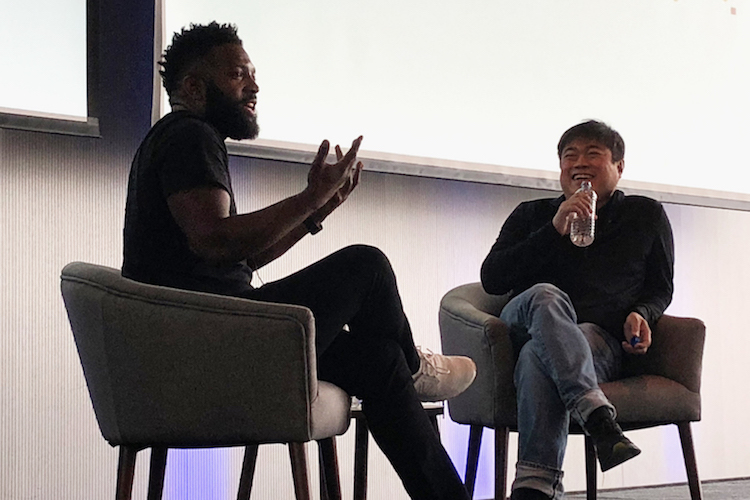 Baratunde Thurston and Joi Ito during their keynote at the 2018 Connected Learning Summit