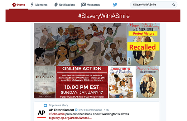 screenshot of Tweet about controversial book on slavery being recalled by Scholastic
