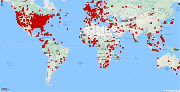 world gratitude map with red dots